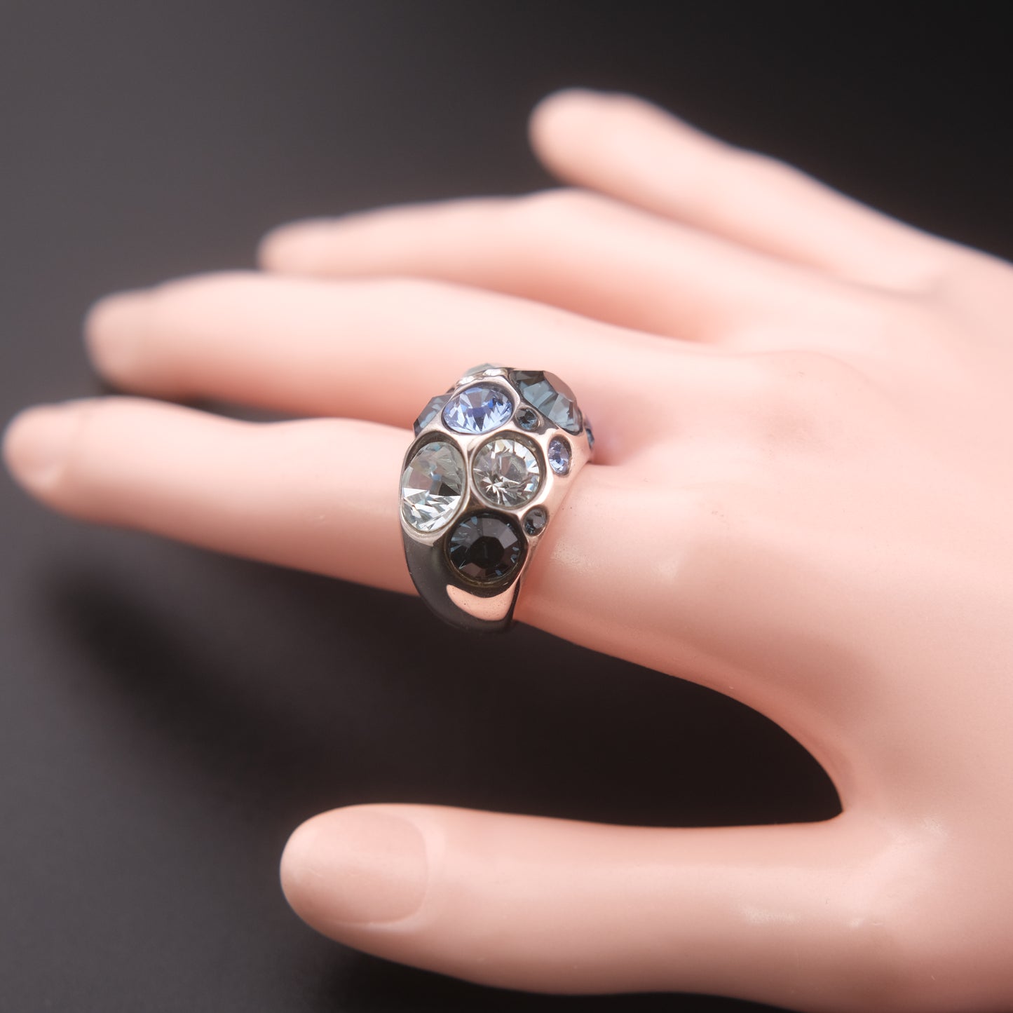 ❤️ Vintage Agatha Paris Crystal Dome Statement Ring Blue Tone Silver Finish Size 5