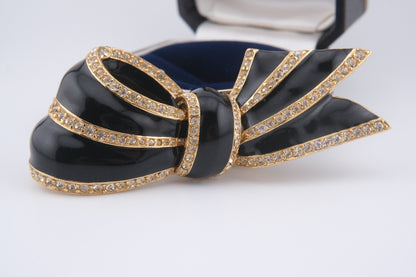 Vintage CINER Black Enamel & Rhinestone Bow Brooch