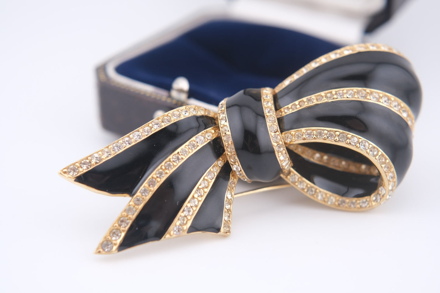 Vintage CINER Black Enamel & Rhinestone Bow Brooch