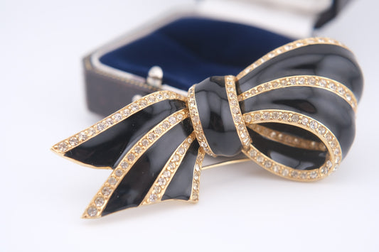 Vintage CINER Black Enamel & Rhinestone Bow Brooch