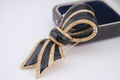 Vintage CINER Black Enamel & Rhinestone Bow Brooch