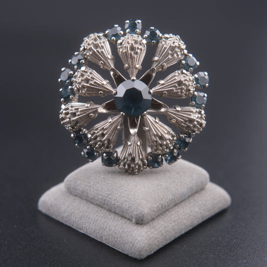❤️ Vintage Blue Rhinestone Silver-Tone Circular Floral Burst Brooch