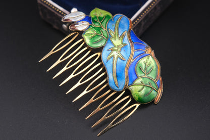 ❤️ Vintage Cloisonné Hair Comb – Multicolor Enamel Floral Design in Gold-Tone