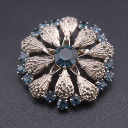 ❤️ Vintage Blue Rhinestone Silver-Tone Circular Floral Burst Brooch