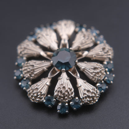 ❤️ Vintage Blue Rhinestone Silver-Tone Circular Floral Burst Brooch