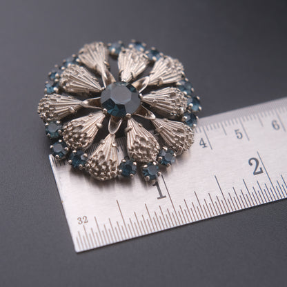 ❤️ Vintage Blue Rhinestone Silver-Tone Circular Floral Burst Brooch