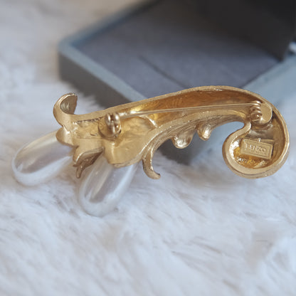 ❤️ Vintage Kenzo Gold Tone Pearl Brooch Sculptural 3"