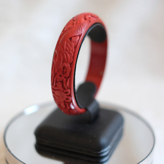 ❤️ Vintage Cinnabar Double Dragon Carved Bangle