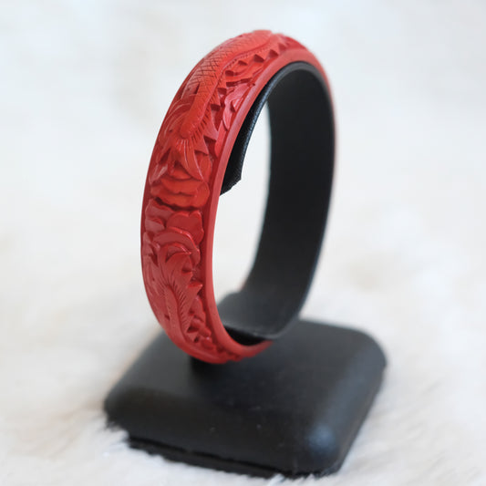 ❤️ Vintage Cinnabar Double Dragon Carved Bangle