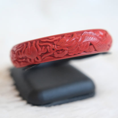 ❤️ Vintage Cinnabar Double Dragon Carved Bangle