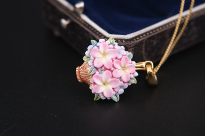 Toshikane Floral Basket Pendant Necklace – Hand-Painted Porcelain Enamel with Gold-Tone Chain