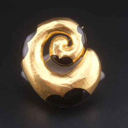 ❤️ Vintage Sevenseas Sculptural Spiral Brooch – Gold Tone with Black Enamel Accent