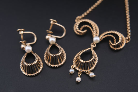 Vintage Vandell 12K Gold-Filled Necklace & Earrings Set with Faux Pearls