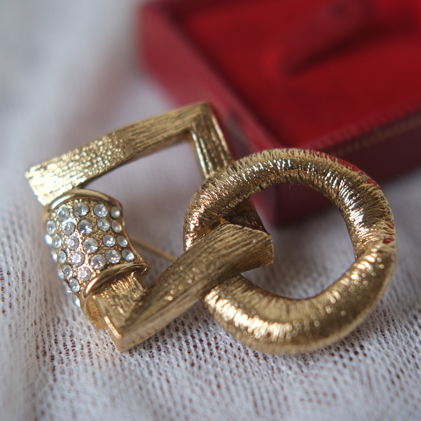 Vintage Yves Saint Laurent Geometric Circle & Square Brooch with Pave Crystals, Gold-Tone