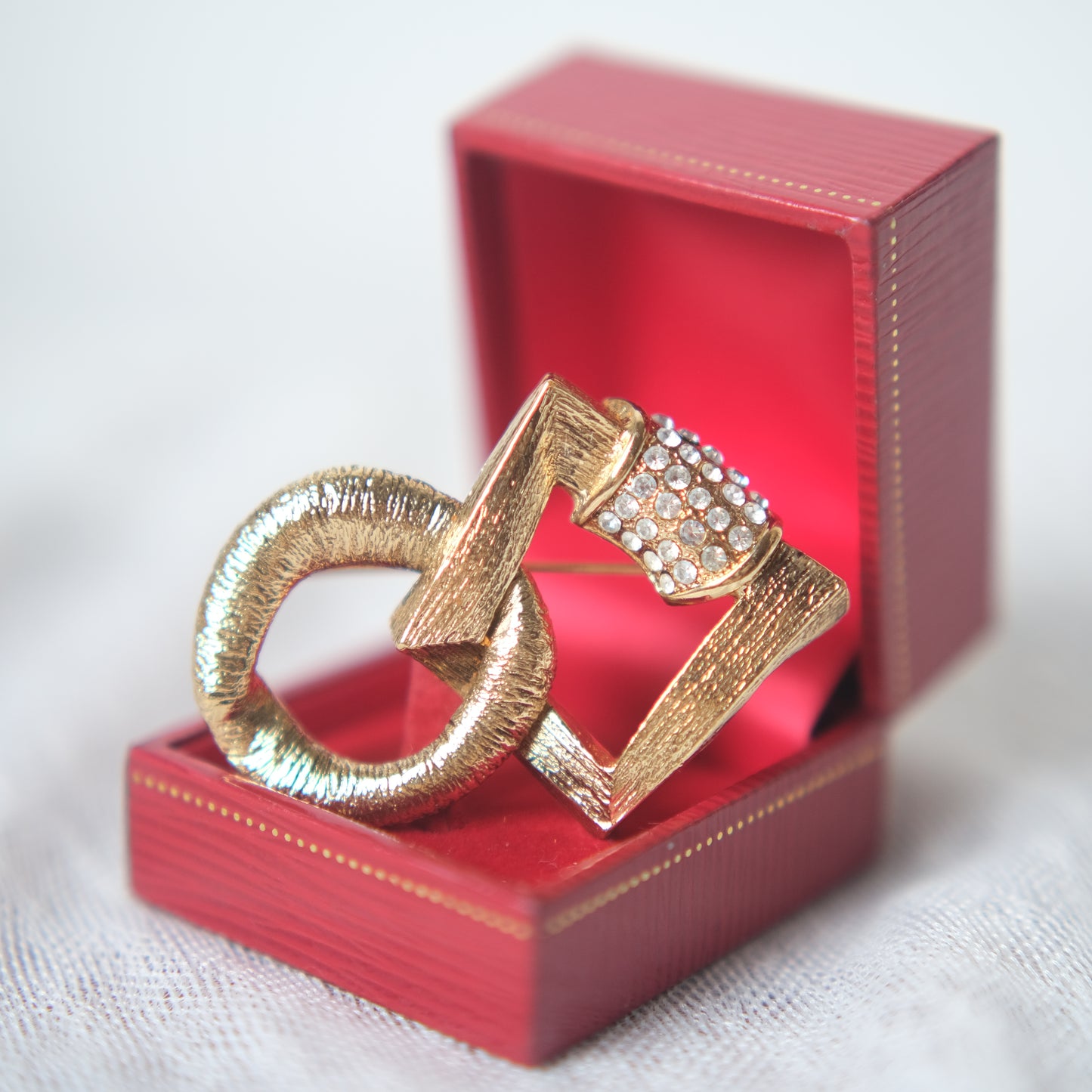 Vintage Yves Saint Laurent Geometric Circle & Square Brooch with Pave Crystals, Gold-Tone