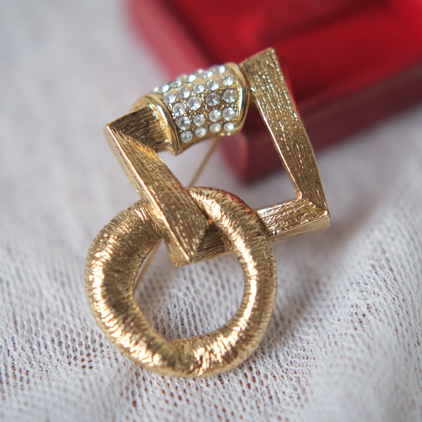 Vintage Yves Saint Laurent Geometric Circle & Square Brooch with Pave Crystals, Gold-Tone