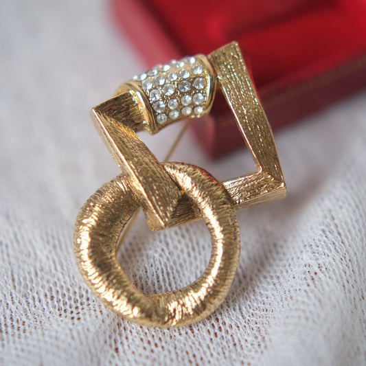 Vintage Yves Saint Laurent Geometric Circle & Square Brooch with Pave Crystals, Gold-Tone