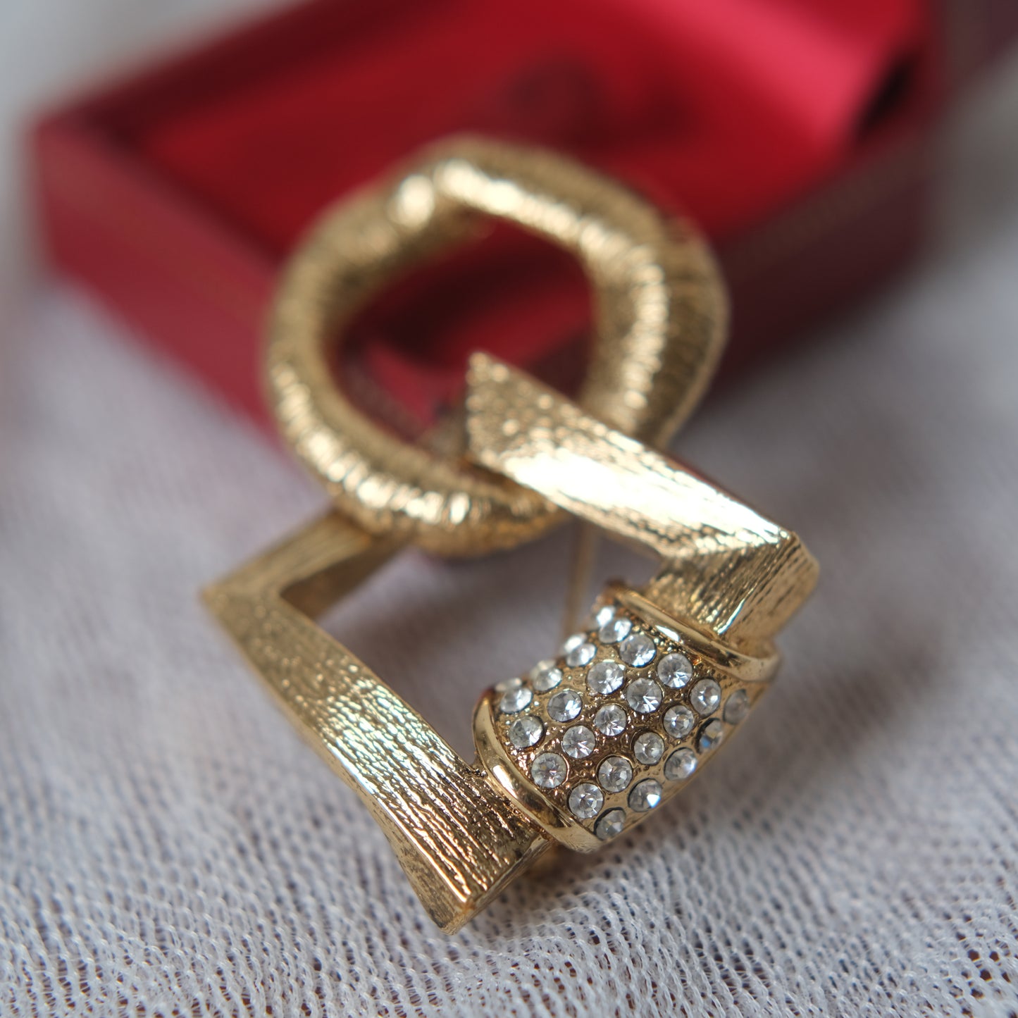 Vintage Yves Saint Laurent Geometric Circle & Square Brooch with Pave Crystals, Gold-Tone
