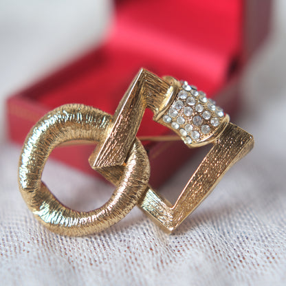 Vintage Yves Saint Laurent Geometric Circle & Square Brooch with Pave Crystals, Gold-Tone