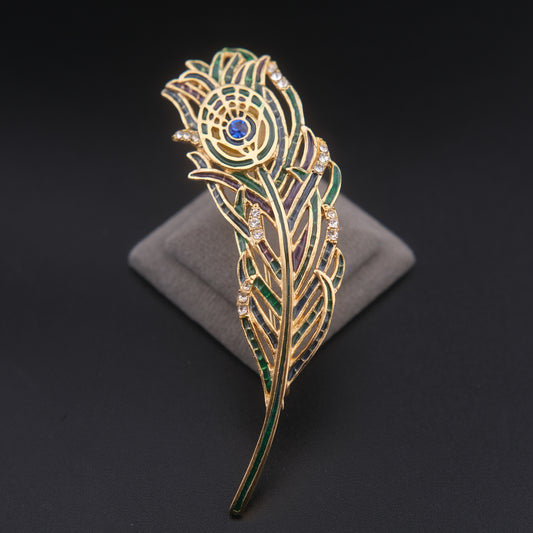 ❤️ Vintage MMA Peacock Feather Brooch – Gold Tone Enamel Rhinestone Pin, Multicolor Statement Piece