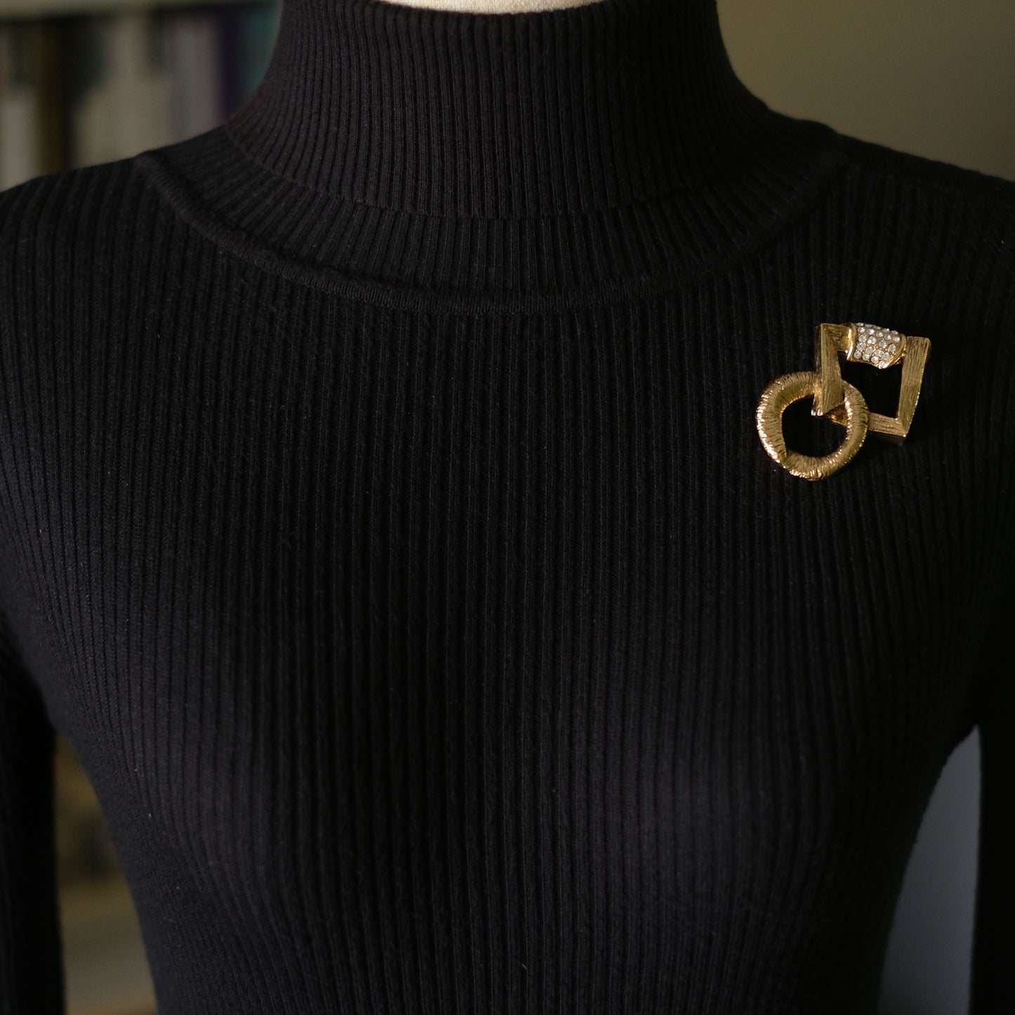 Vintage Yves Saint Laurent Geometric Circle & Square Brooch with Pave Crystals, Gold-Tone