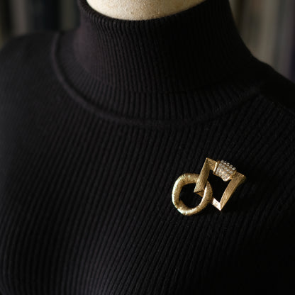 Vintage Yves Saint Laurent Geometric Circle & Square Brooch with Pave Crystals, Gold-Tone