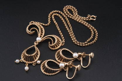 Vintage Vandell 12K Gold-Filled Necklace & Earrings Set with Faux Pearls