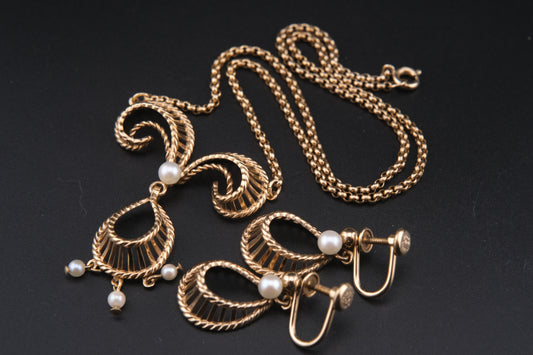 Vintage Vandell 12K Gold-Filled Necklace & Earrings Set with Faux Pearls