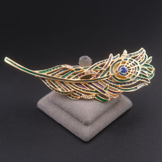 ❤️ Vintage MMA Peacock Feather Brooch – Gold Tone Enamel Rhinestone Pin, Multicolor Statement Piece