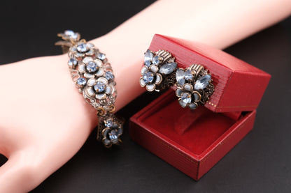 Vintage German Floral Bracelet & Earrings Set – Blue Rhinestones & Enamel on Silver-Tone Filigree Metal (1950s)