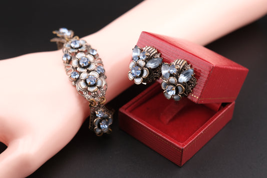 Vintage German Floral Bracelet & Earrings Set – Blue Rhinestones & Enamel on Silver-Tone Filigree Metal (1950s)