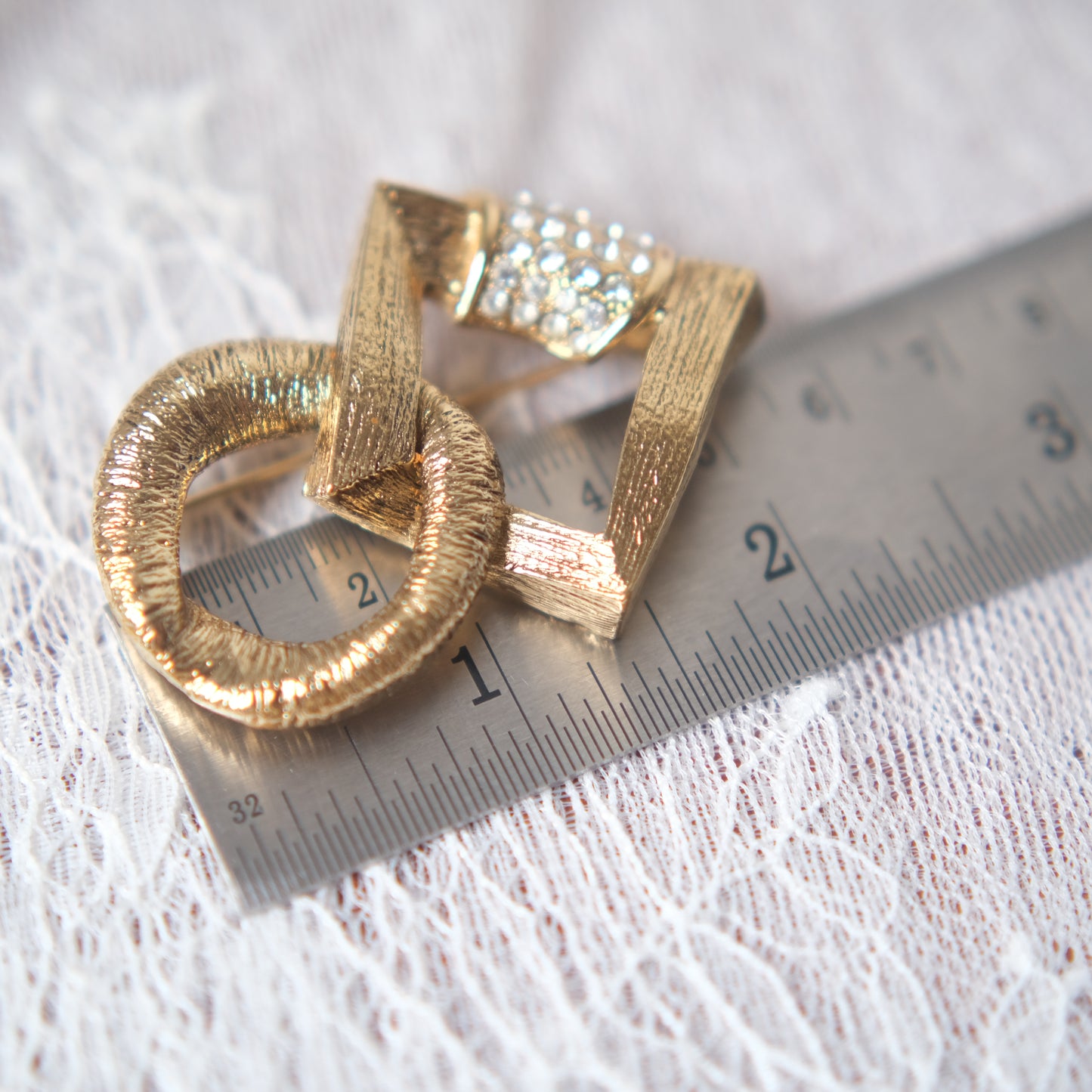 Vintage Yves Saint Laurent Geometric Circle & Square Brooch with Pave Crystals, Gold-Tone