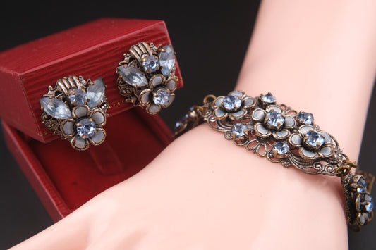 Vintage German Floral Bracelet & Earrings Set – Blue Rhinestones & Enamel on Silver-Tone Filigree Metal (1950s)