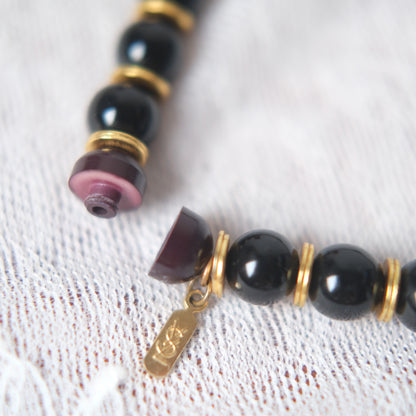 Vintage Yves Saint Laurent Bead Necklace – Black & Deep Red Resin Beads with Gold Accents, 14"