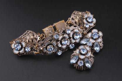 Vintage German Floral Bracelet & Earrings Set – Blue Rhinestones & Enamel on Silver-Tone Filigree Metal (1950s)