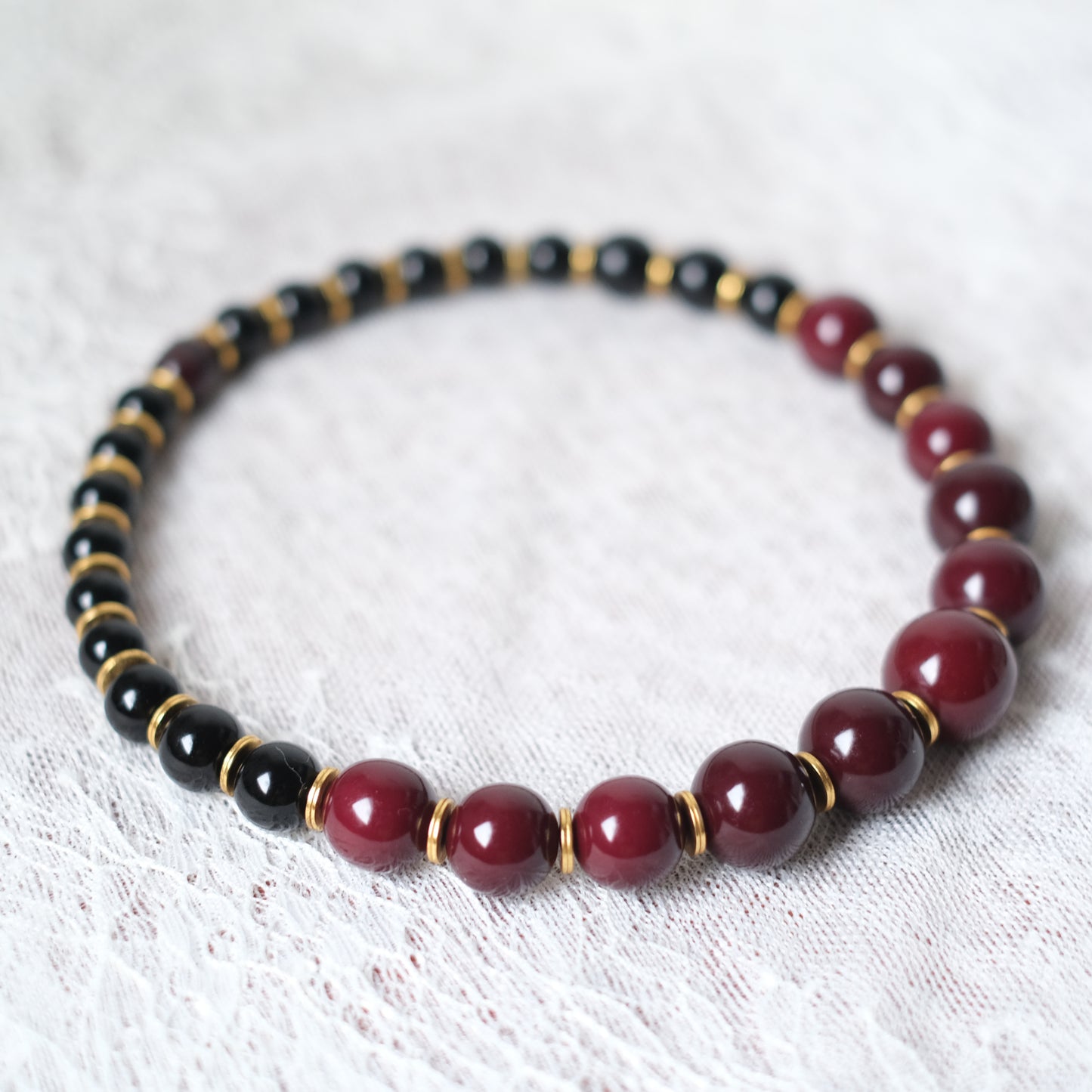 Vintage Yves Saint Laurent Bead Necklace – Black & Deep Red Resin Beads with Gold Accents, 14"