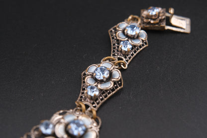 Vintage German Floral Bracelet & Earrings Set – Blue Rhinestones & Enamel on Silver-Tone Filigree Metal (1950s)
