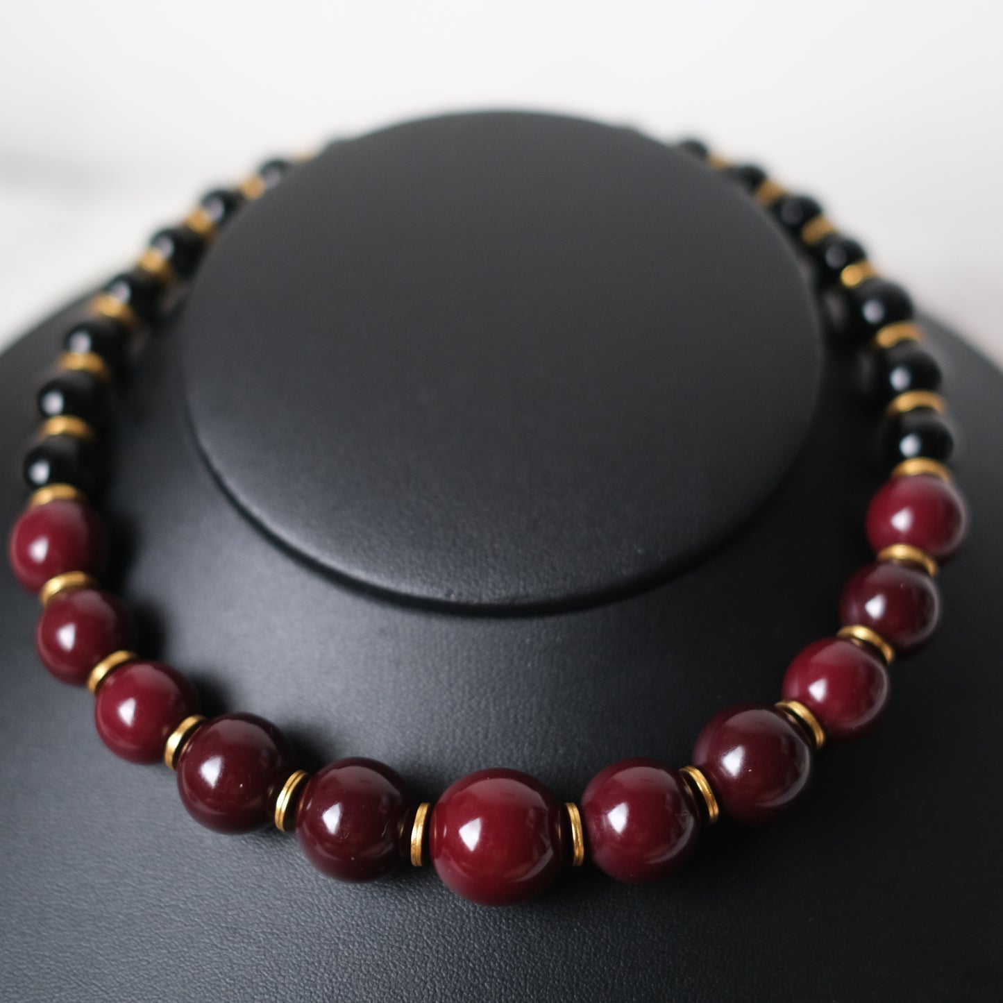 Vintage Yves Saint Laurent Bead Necklace – Black & Deep Red Resin Beads with Gold Accents, 14"