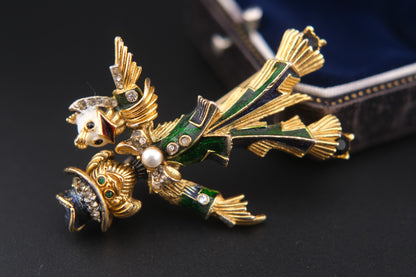 ❤️ Vintage Sphinx Figural Scarecrow Brooch Gold Tone Enamel Crystal
