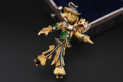 ❤️ Vintage Sphinx Figural Scarecrow Brooch Gold Tone Enamel Crystal