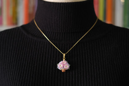 Toshikane Floral Basket Pendant Necklace – Hand-Painted Porcelain Enamel with Gold-Tone Chain