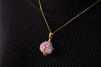 Toshikane Floral Basket Pendant Necklace – Hand-Painted Porcelain Enamel with Gold-Tone Chain
