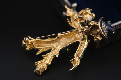 ❤️ Vintage Sphinx Figural Scarecrow Brooch Gold Tone Enamel Crystal