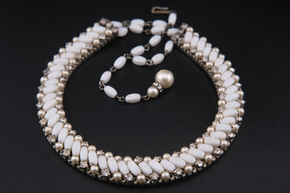 Vintage White Beads & Rhinestones Jewelry Set – Necklace & Clip-On Earrings  Add a touch of timele