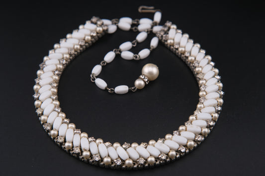 Vintage White Beads & Rhinestones Jewelry Set – Necklace & Clip-On Earrings  Add a touch of timele