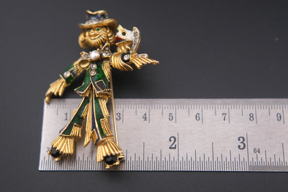 ❤️ Vintage Sphinx Figural Scarecrow Brooch Gold Tone Enamel Crystal