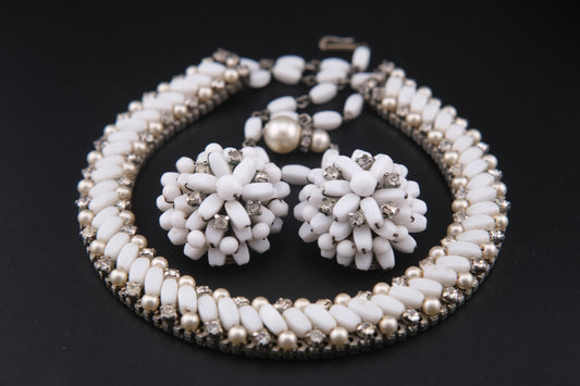Vintage White Beads & Rhinestones Jewelry Set – Necklace & Clip-On Earrings  Add a touch of timele