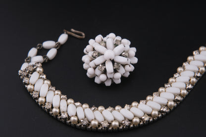 Vintage White Beads & Rhinestones Jewelry Set – Necklace & Clip-On Earrings  Add a touch of timele