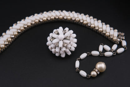 Vintage White Beads & Rhinestones Jewelry Set – Necklace & Clip-On Earrings  Add a touch of timele
