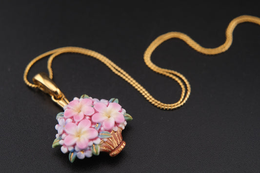 Toshikane Floral Basket Pendant Necklace – Hand-Painted Porcelain Enamel with Gold-Tone Chain